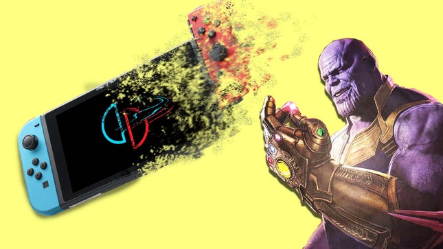 Marvel villain Thanos breaks a Nintendo Switch with Yuzu's log on the screen.